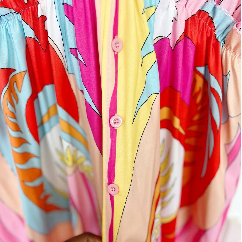 Pink Abstract Batwing Sleeve Elastic Waist Button Down Summer Maxi Dress Size XL - Picture 15 of 16